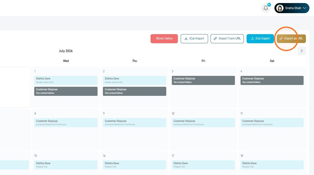 Export as URL button in the StayLuxe calendar