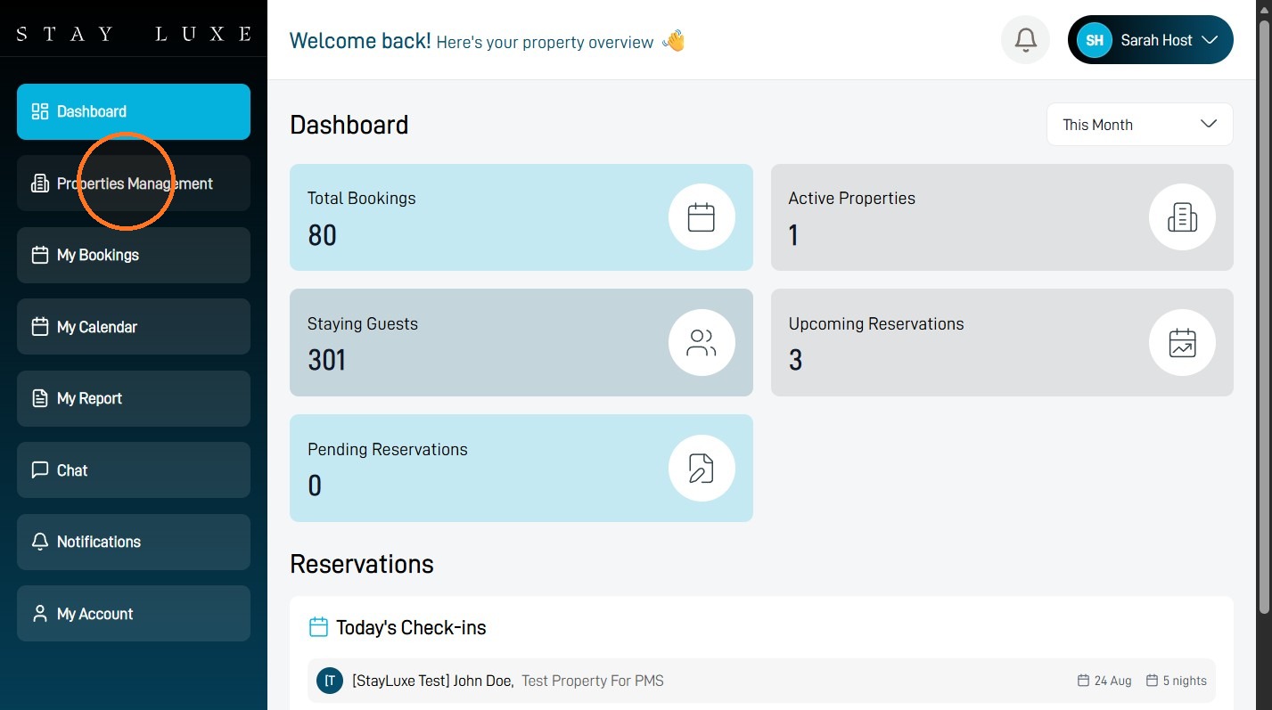 Properties Management option in the StayLuxe host dashboard
