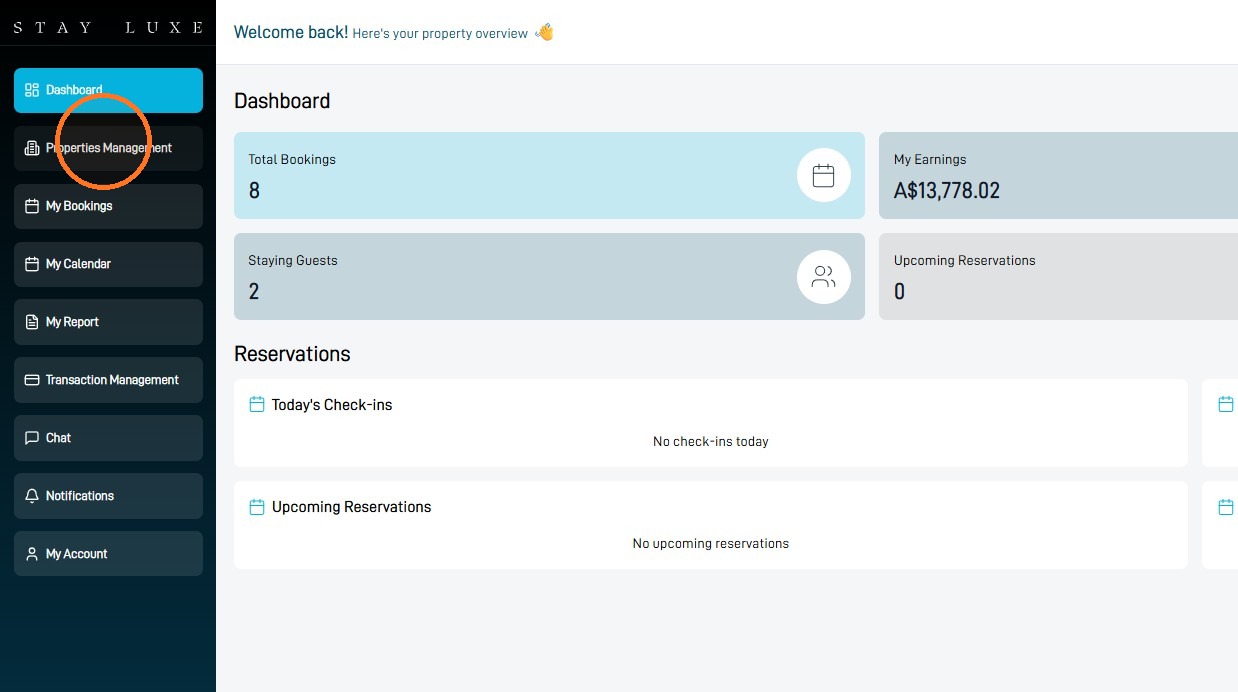Properties Management option in the StayLuxe host dashboard