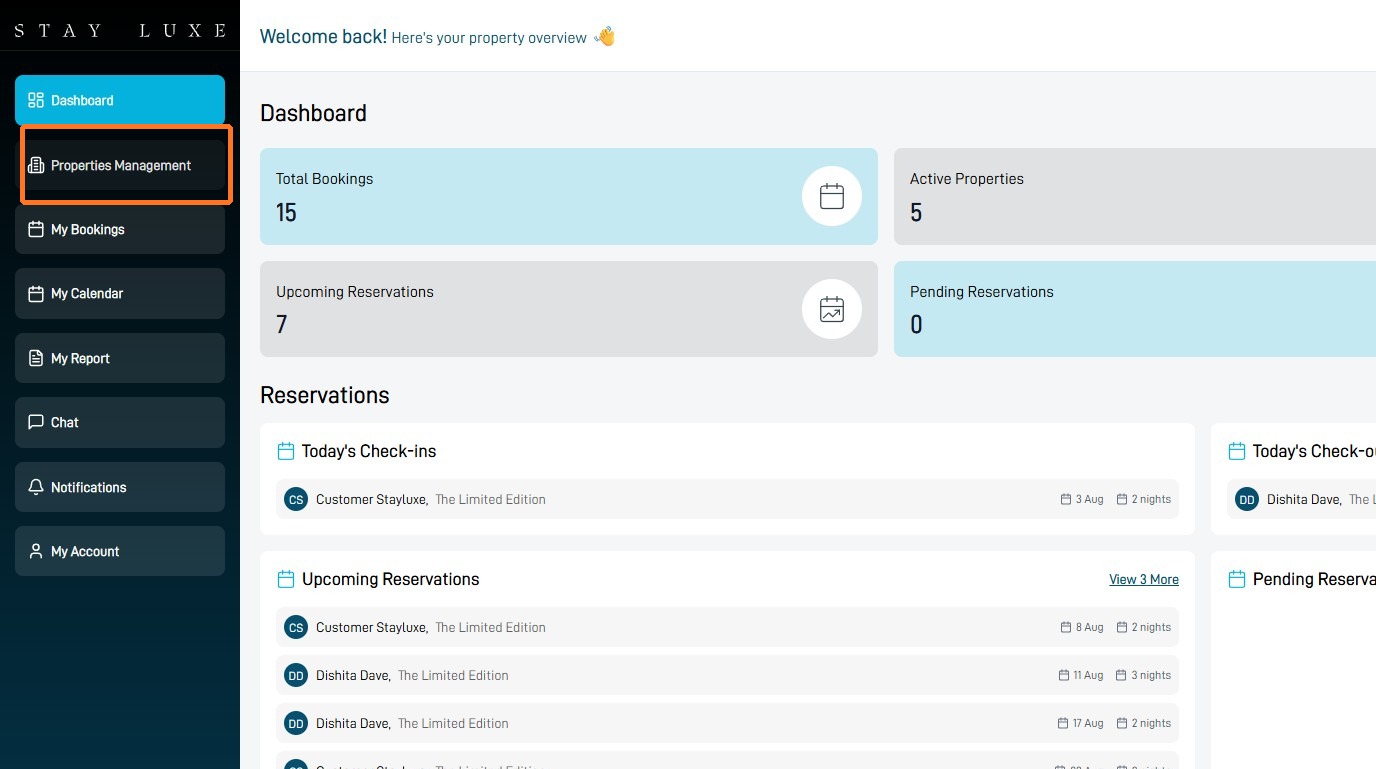 Properties Management option in the StayLuxe host dashboard