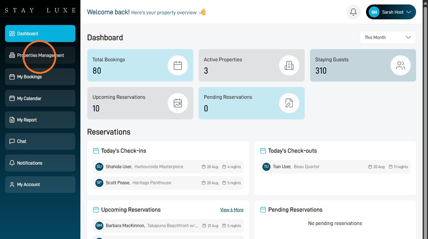 Properties Management option in the StayLuxe host dashboard