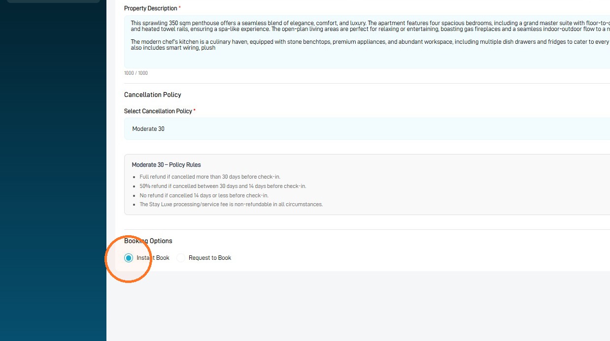 Booking Options section in the StayLuxe property settings