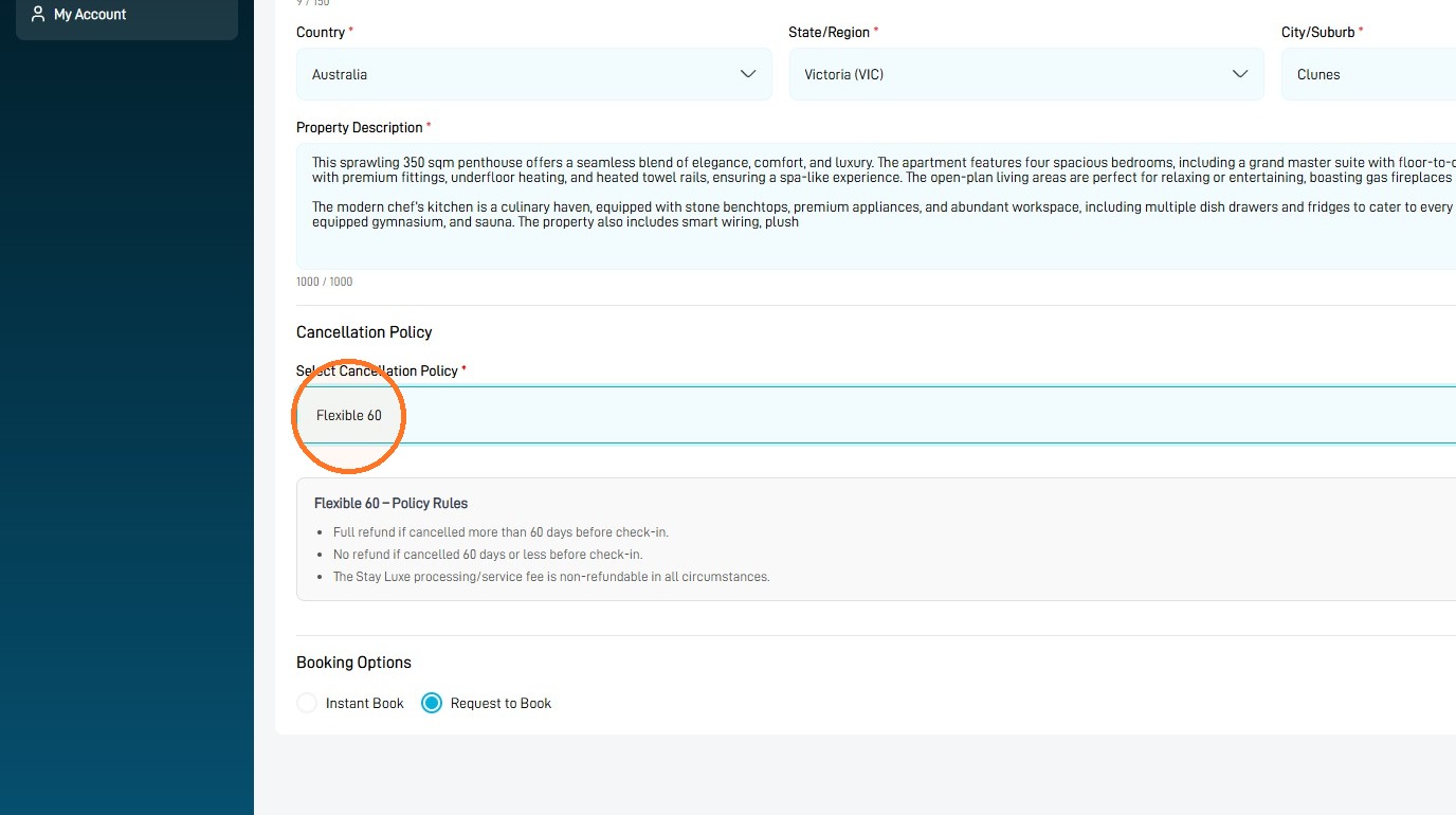 Select a cancellation policy for a StayLuxe property