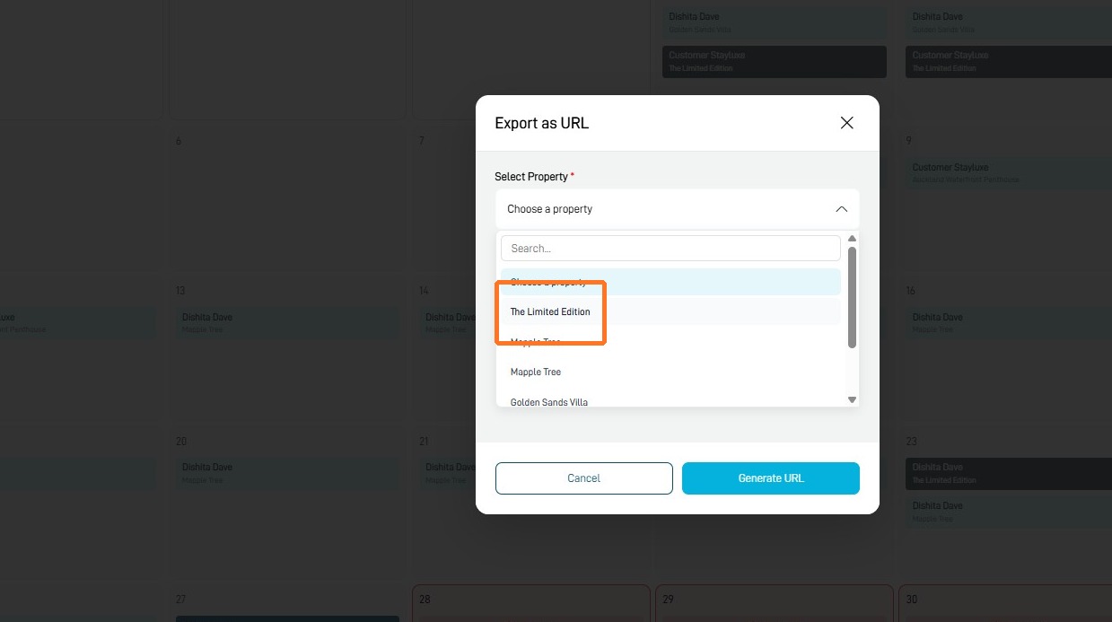 Select a property for calendar URL export
