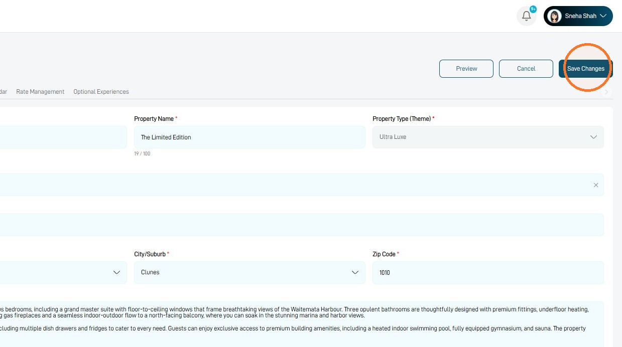 Save Changes button in the StayLuxe property settings
