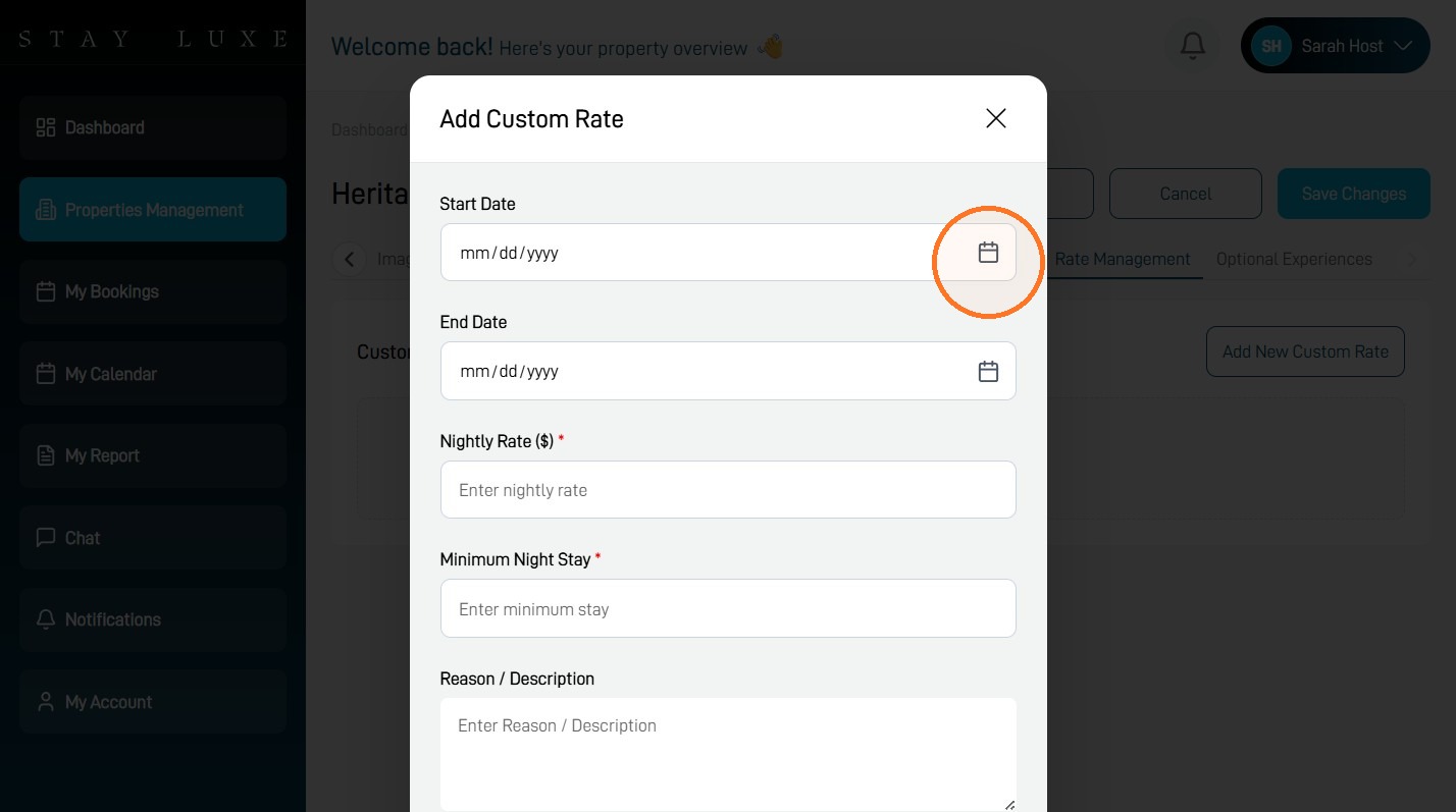 Start Date field for a custom rate