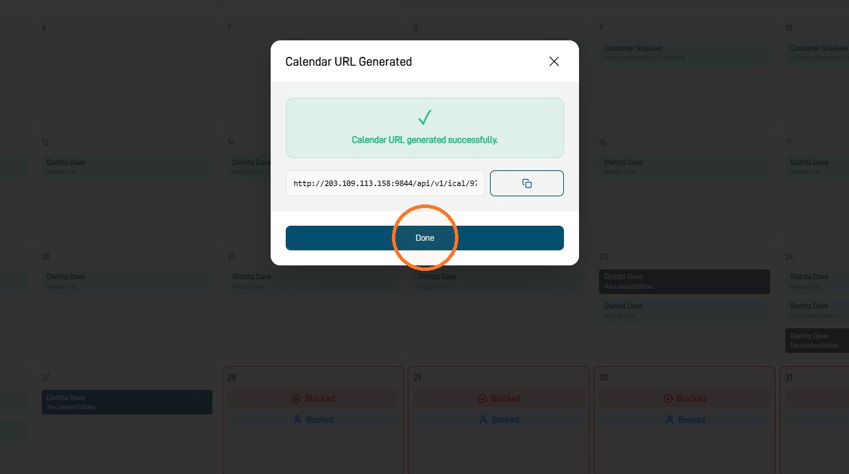 Done button after generating a calendar URL