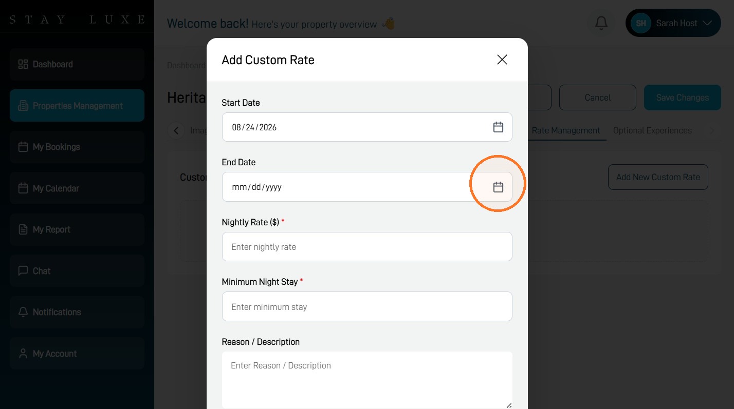 End Date field for a custom rate