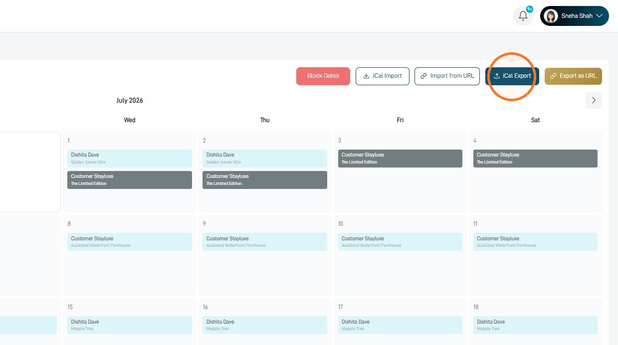 iCal Export button in the StayLuxe calendar