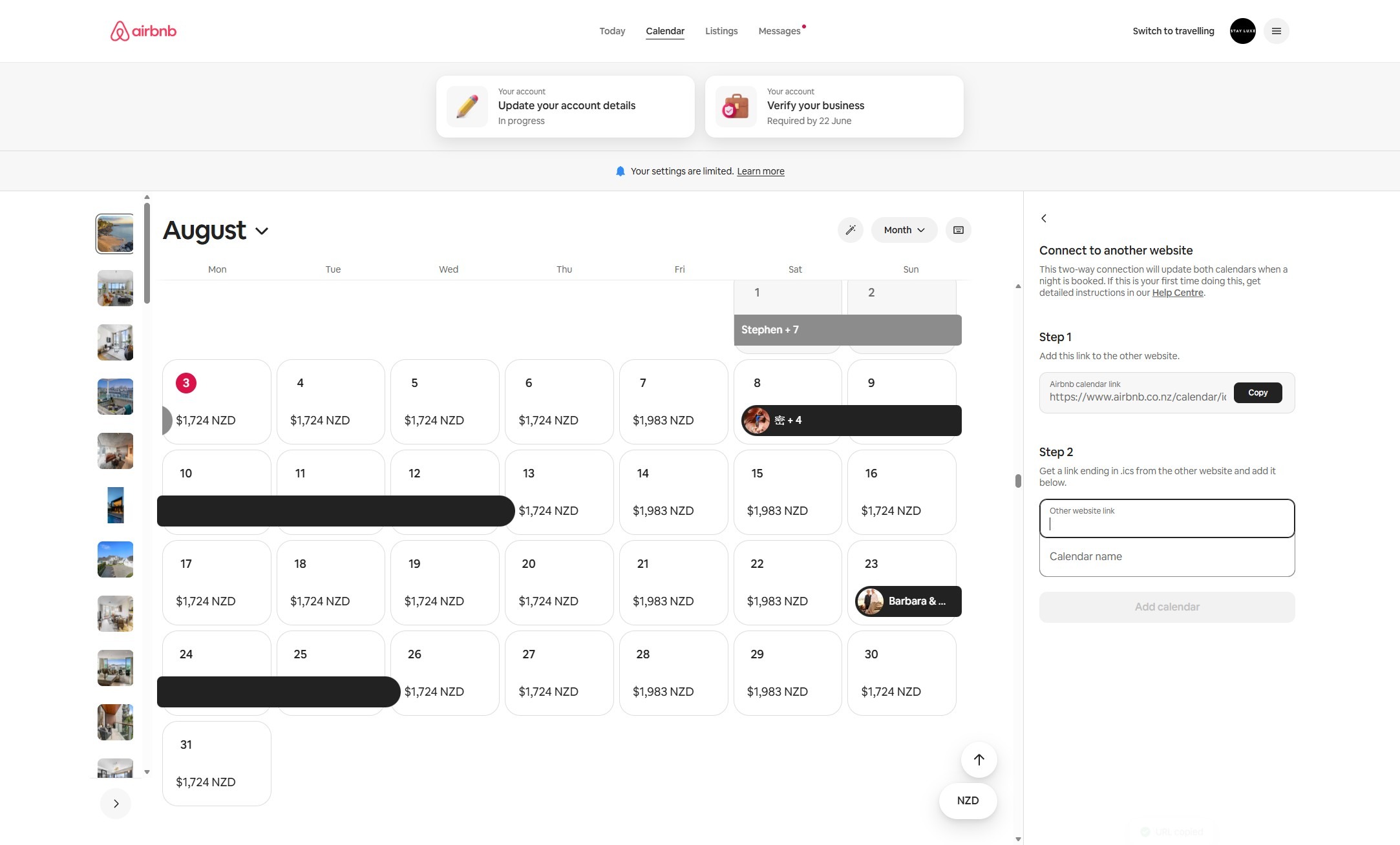 Example of a StayLuxe calendar URL entered into Airbnb