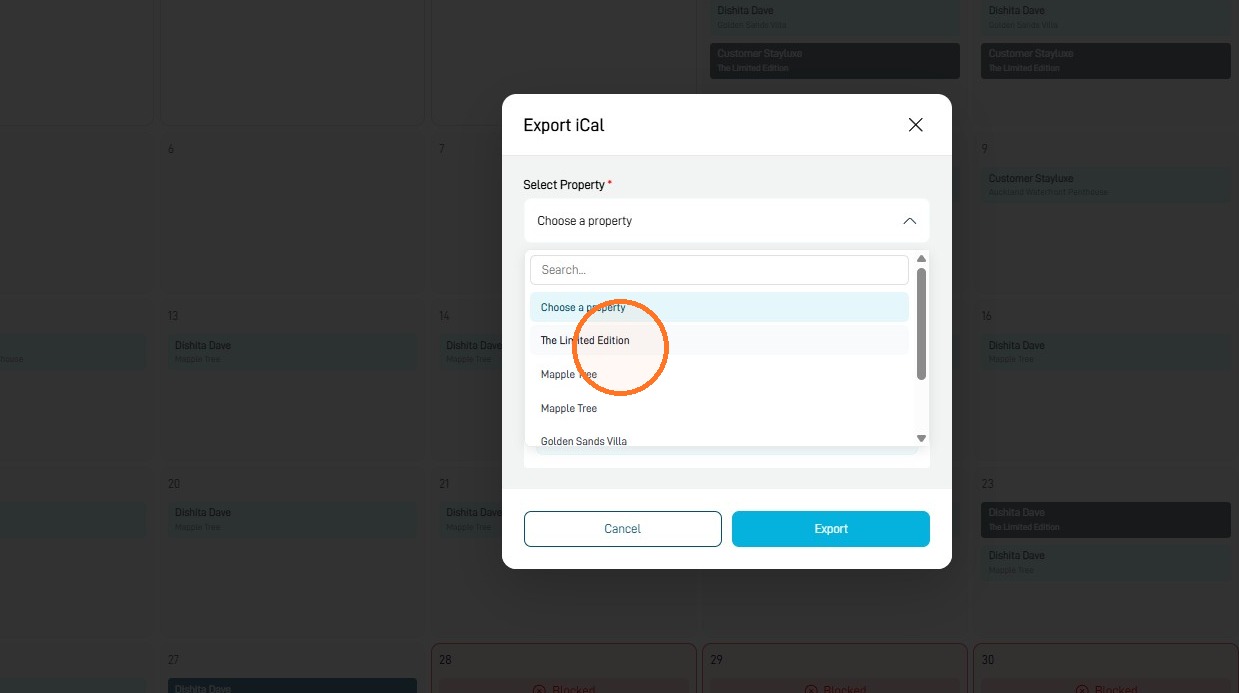 Select a property for iCal file export