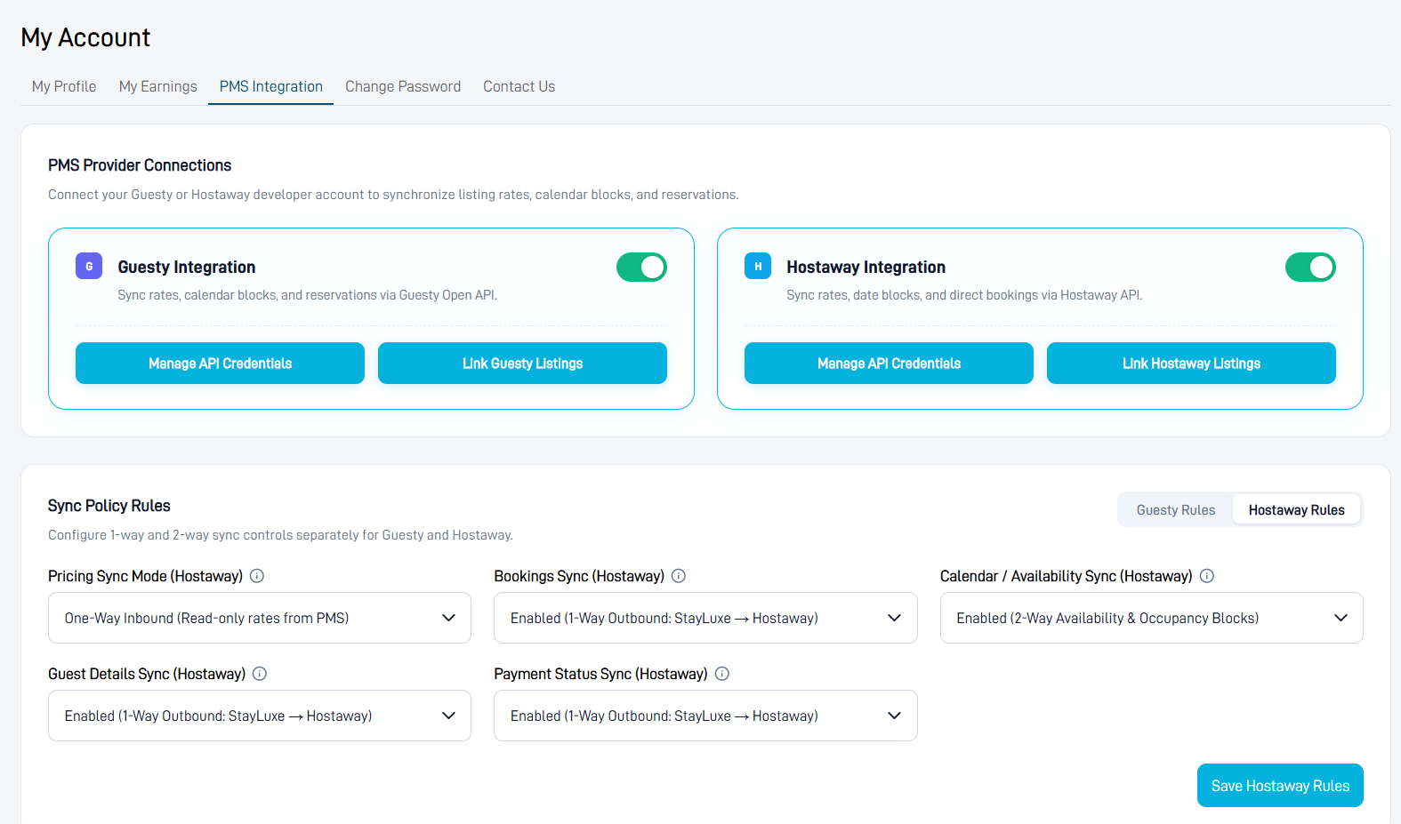 Guesty Integration and Manage API Credentials button in StayLuxe