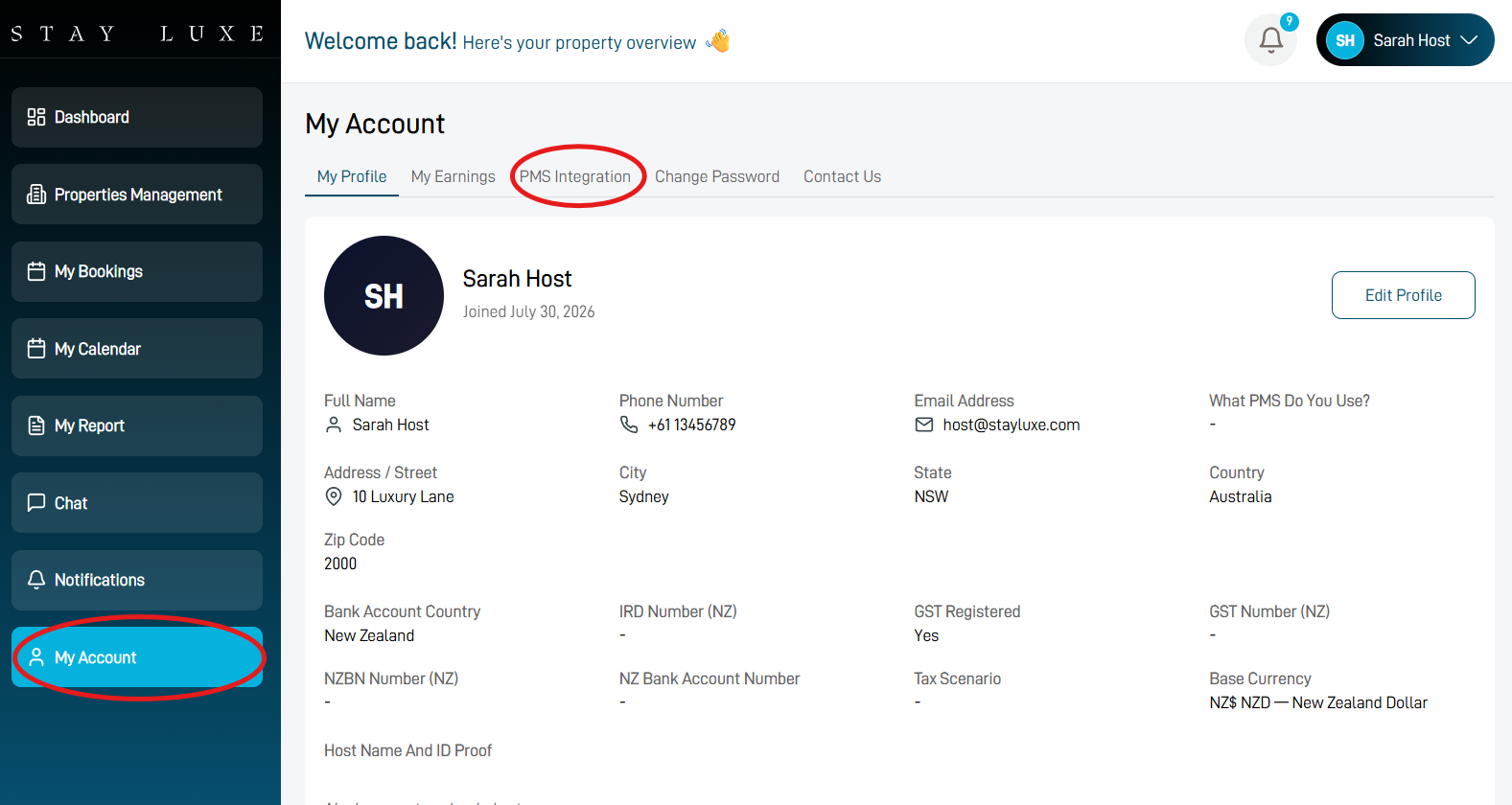 My Account and PMS Integration options in StayLuxe