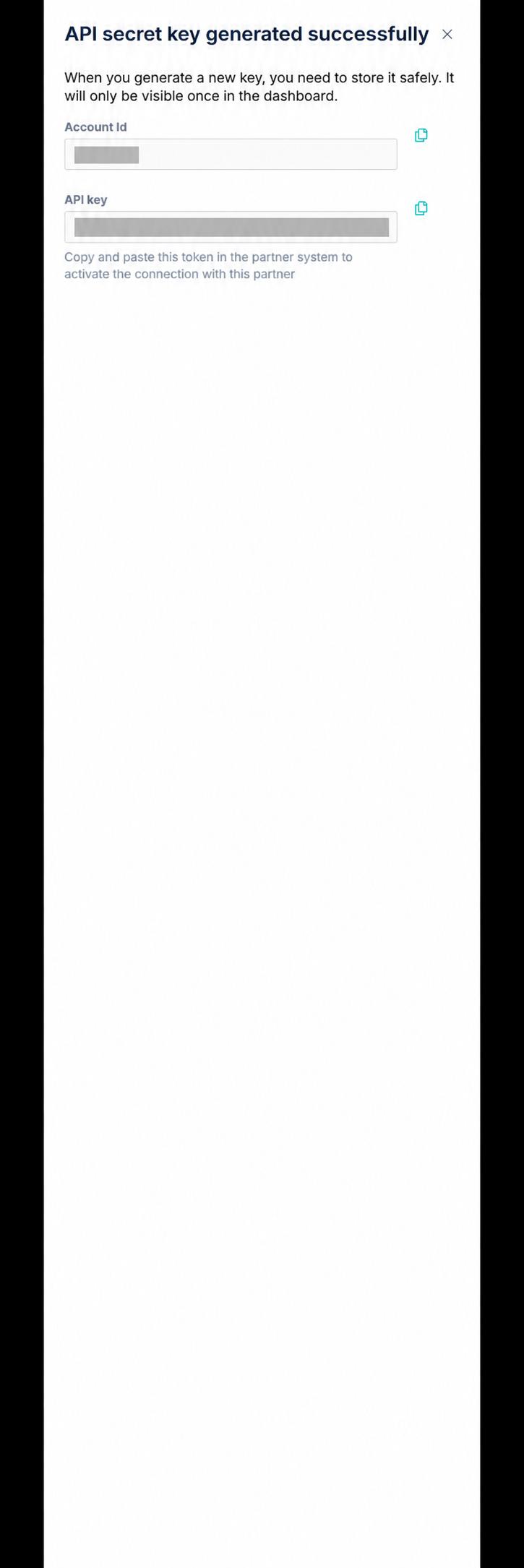 Hostaway Account ID and API key confirmation screen with credentials redacted