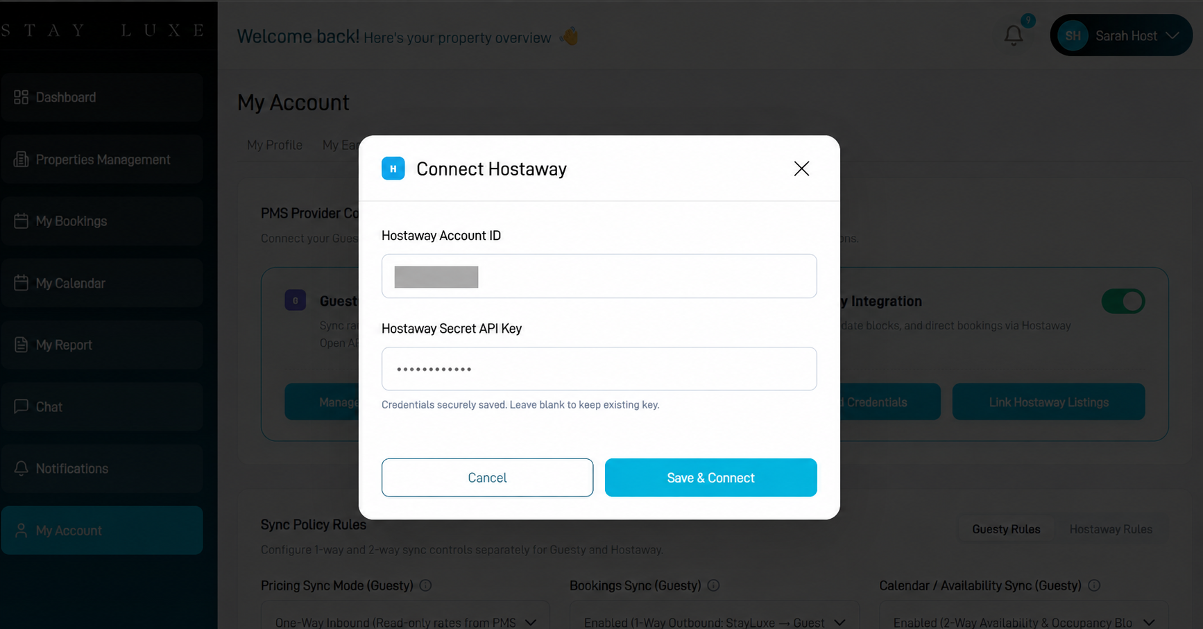 Connect Hostaway form in StayLuxe with credentials redacted