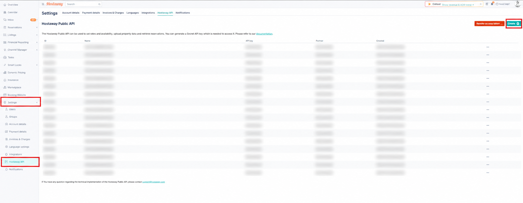 Hostaway API settings page with the Create button