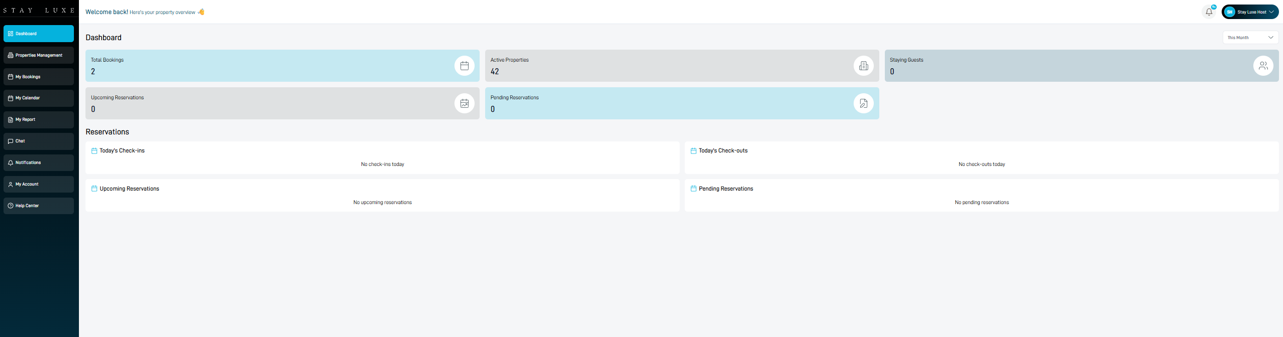 Stay Luxe host dashboard with Properties Management in the navigation menu