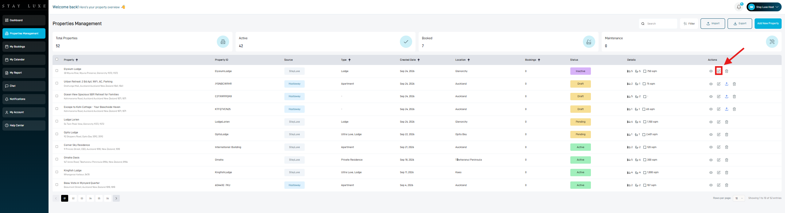 Pencil edit icon in the Actions column of Stay Luxe Properties Management